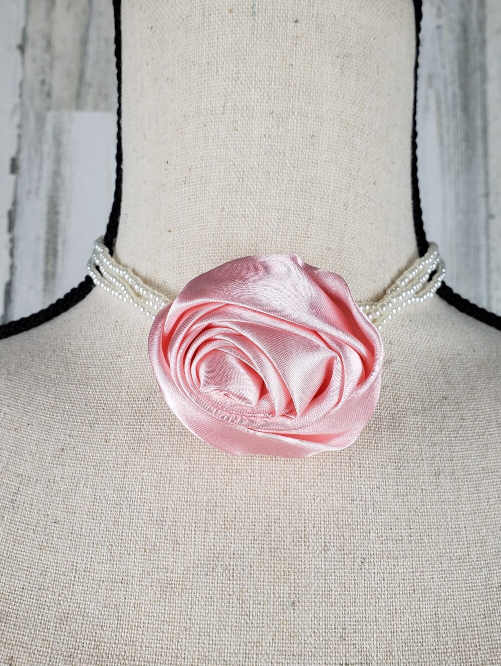 Pink Satin Rose Pearl Choker Necklace - Women Jewelry
